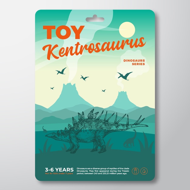 Toy Dinosaur Label Template Abstract Vector Packaging Design Layout Modern Typography with Prehistoric Volcano Landscape and Hand Drawn Kentrosaurus Background Isolated