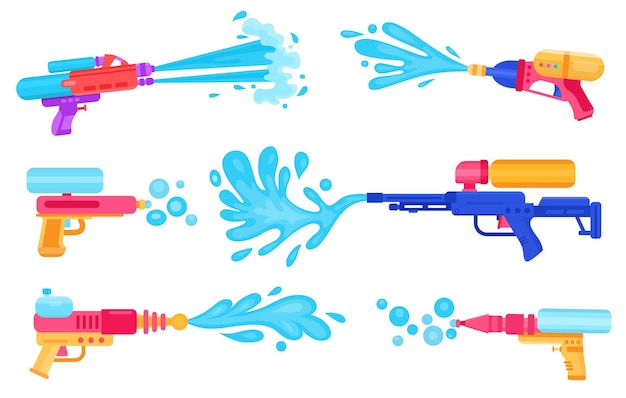 Toy guns spraying water for summer games and songkran festival Cartoon kids pistols with liquid splashes Thailand water party vector set