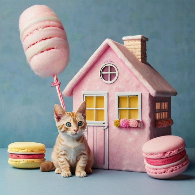 Vector a toy house with a cat and a hamburger and a candy cane