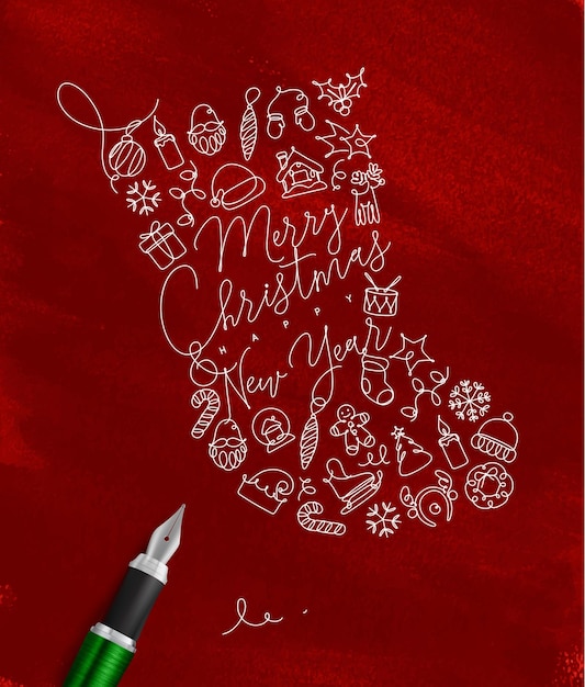 Toy socks lettering merry christmas and happy new year drawing with pen line on red background