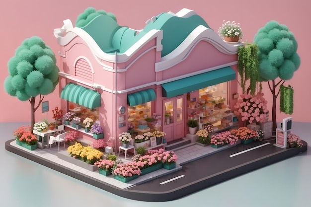 Vector a toy store with flowers and a building with a pink awning