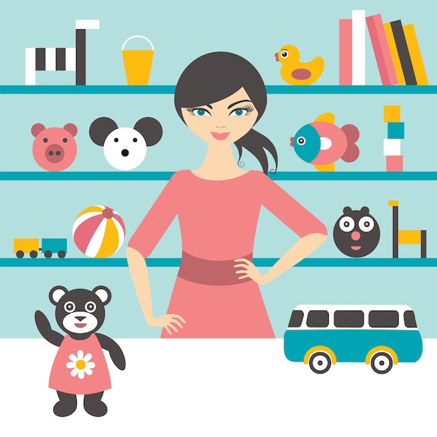 Toy stores sales woman Flat design