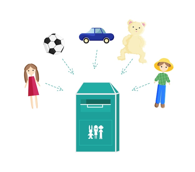 Toys Bin, Donation Container with Different Toys Recycling Container Social Care and Charity Concept