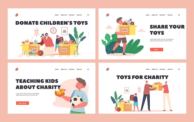 Toys Donation Humanitarian Aid to Orphans Landing Page Template Set Children and Volunteer Characters Sorting Toys Box