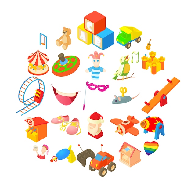 Toys icons set, cartoon style