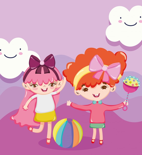 Toys object for small kids to play cartoon, cute little girls with rattle and ball illustration