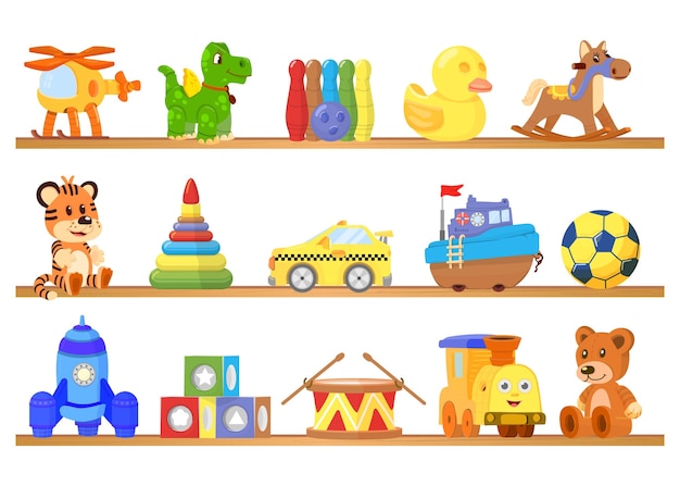 Toys on shelves Toy store background boat truck cartoon bear on wooden shelf Plastic dino isolated children game decent vector elements