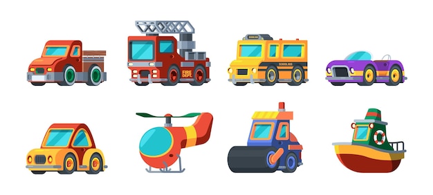 Toys vehicles Mini transport cars boats airplanes bus trucks garish vector cartoon collections for kids pleasure