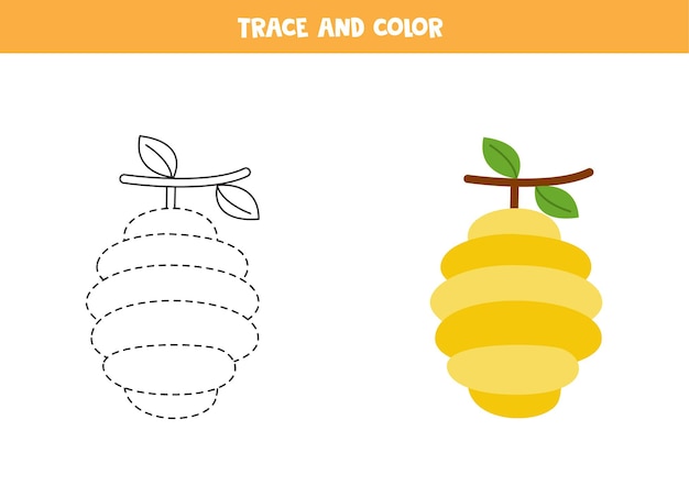 Trace and color bee hive. Educational game for kids. Writing and coloring practice.