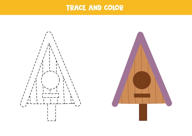 Trace and color cartoon birdhouse Worksheet for children