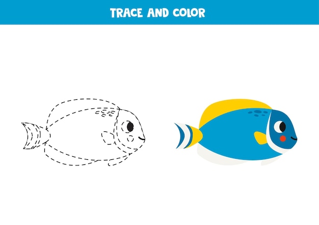 Trace and color cartoon blue angelfish Worksheet for children