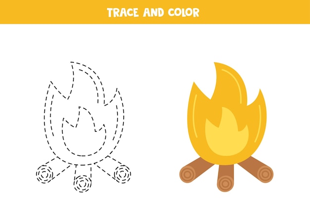 Trace and color cartoon bonfire Worksheet for children