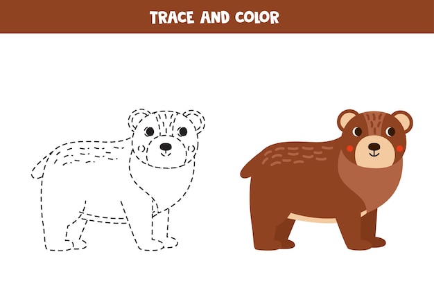 Trace and color cartoon brown bear Worksheet for children