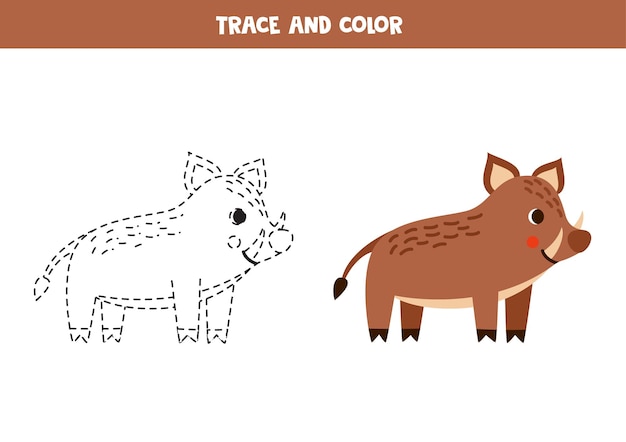 Trace and color cartoon brown boar Worksheet for children