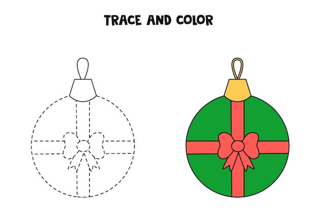 Trace and color cartoon Christmas bauble. Worksheet for kids.