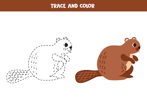 Trace and color cartoon cute beaver Worksheet for children