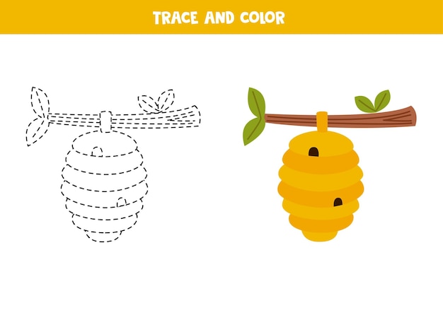 Trace and color cartoon cute beehive Worksheet for children