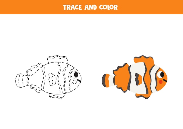 Trace and color cartoon cute clownfish Worksheet for children