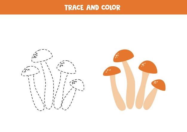 Trace and color cartoon cute mushrooms Worksheet for children