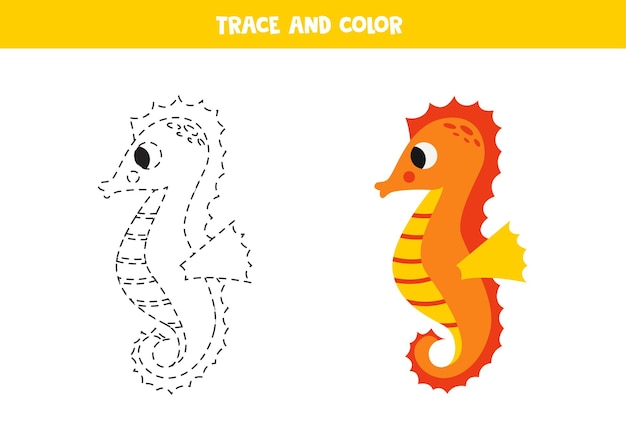 Trace and color cartoon cute seahorse Worksheet for children