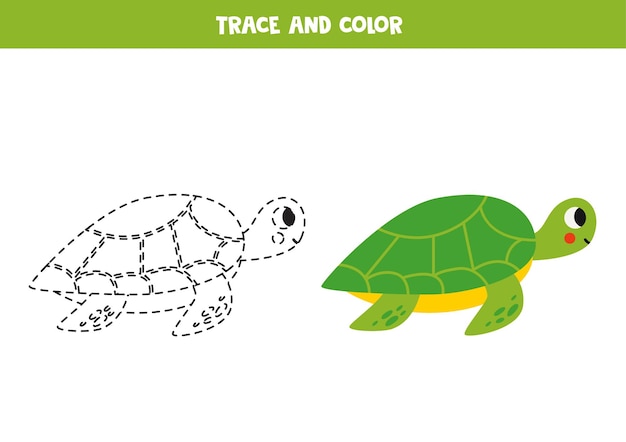 Trace and color cartoon cute turtle Worksheet for children