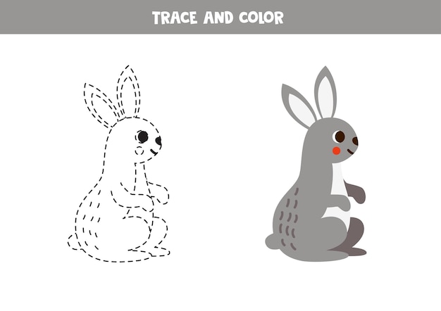 Trace and color cartoon gray hare Worksheet for children