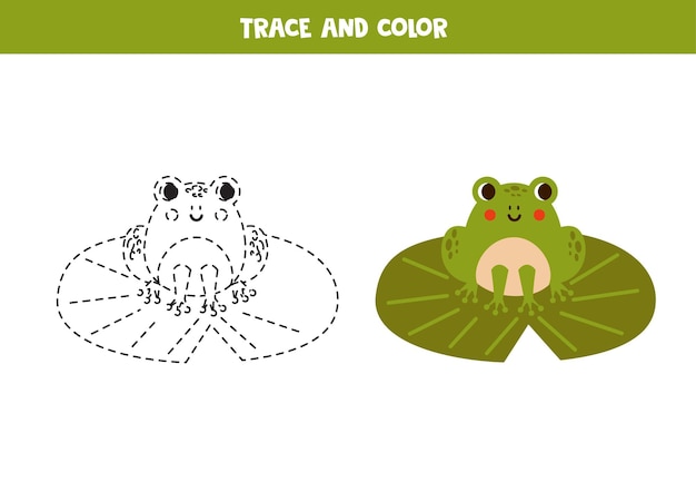 Trace and color cartoon green frog Worksheet for children