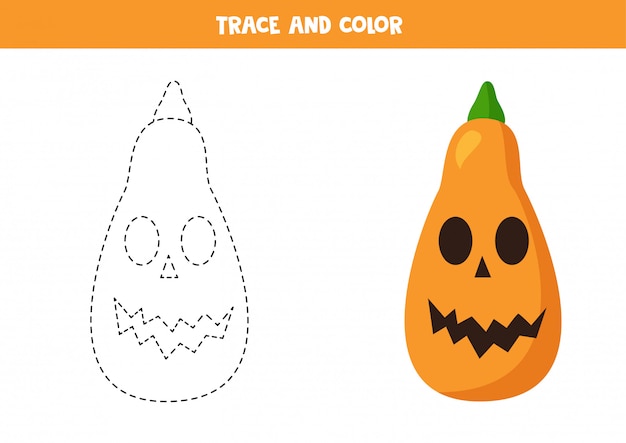 Trace and color cartoon Halloween pumpkins. Handwriting practice.