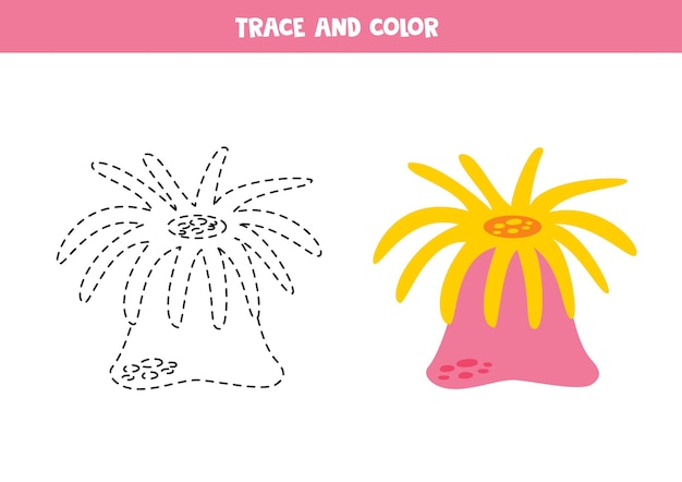 Trace and color cartoon pink anemone Worksheet for children