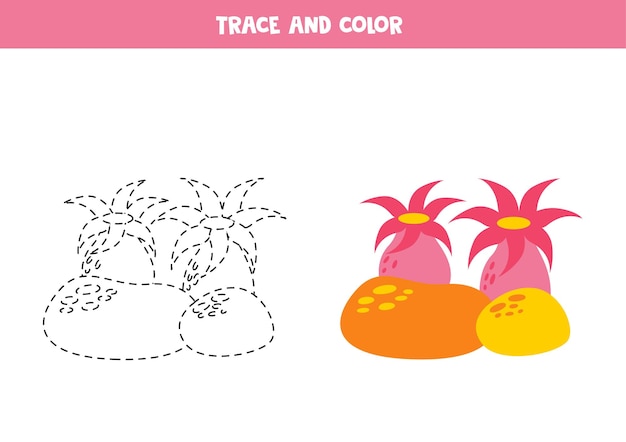 Trace and color cartoon pink anemones Worksheet for children