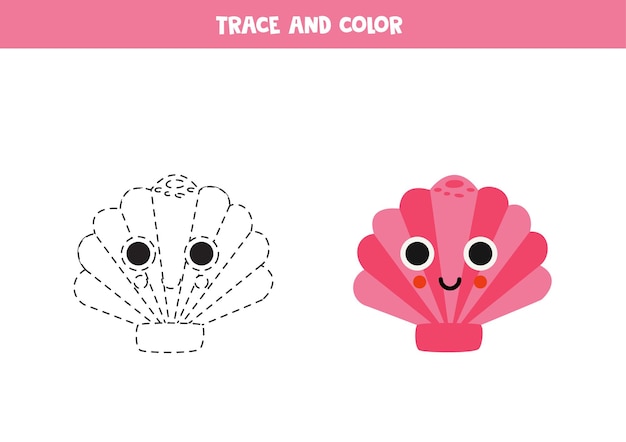 Trace and color cartoon purple seashell Worksheet for children