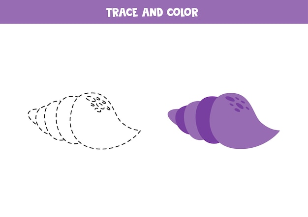 Vector trace and color cartoon purple seashell worksheet for children