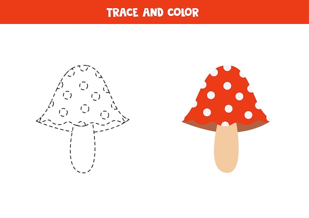 Trace and color cartoon red fly agaric Worksheet for children