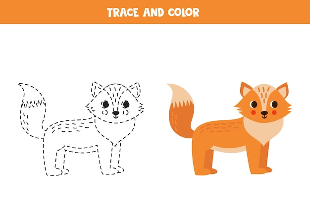 Trace and color cartoon red fox Worksheet for children