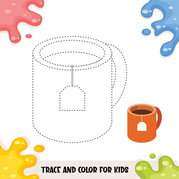 Trace and color for childrens with tea illustration