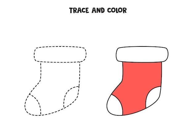 Trace and color Christmas sock. Educational game for kids. Writing and coloring practice.