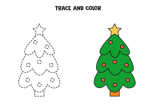 Trace and color Christmas tree. Worksheet for kids.