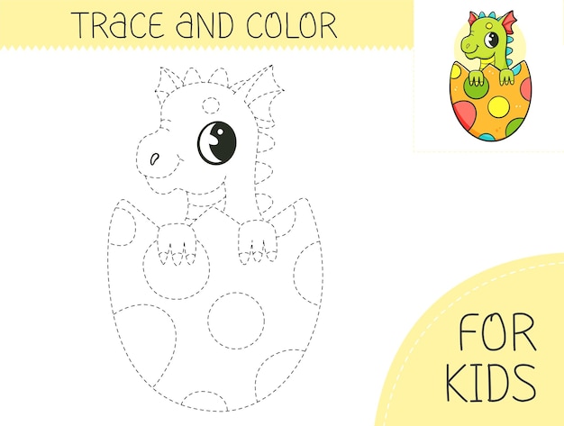 Trace and color coloring book with cute dragon in the egg for kids Coloring page with cartoon dragon