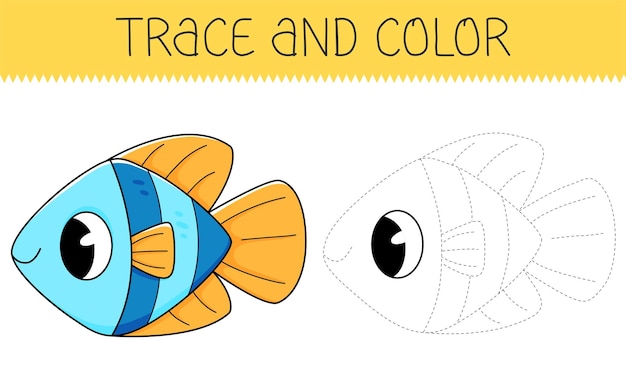 Trace and color coloring book with cute fish for kids Coloring page with cartoon fish