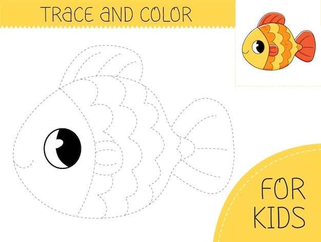 Trace and color coloring book with goldfish for kids Coloring page with cartoon fish