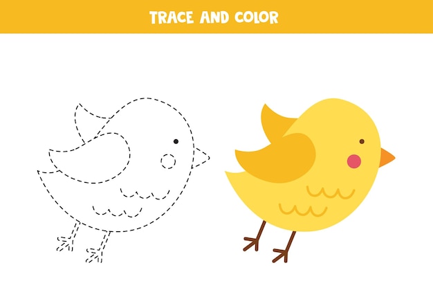 Trace and color cute cartoon bird Worksheet for children