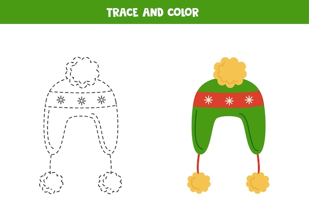 Trace and color cute cartoon Christmas cap Worksheet for children