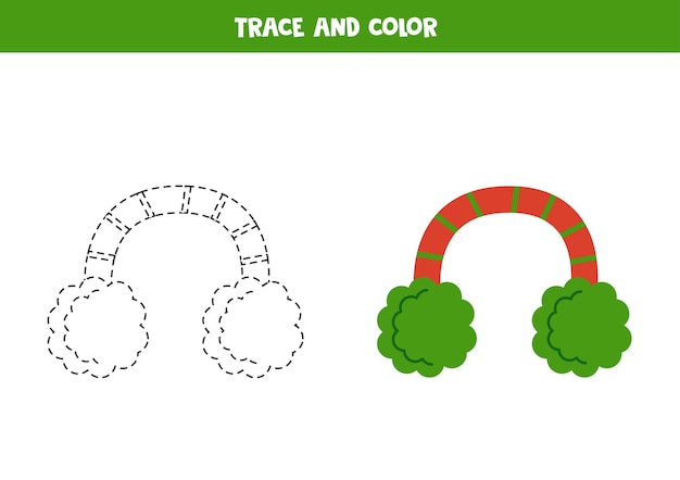 Trace and color cute cartoon Christmas headphones Worksheet for children