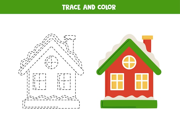 Trace and color cute cartoon snowy house Worksheet for children