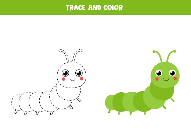 Trace and color cute caterpillar. educational game for kids. Handwriting practice.