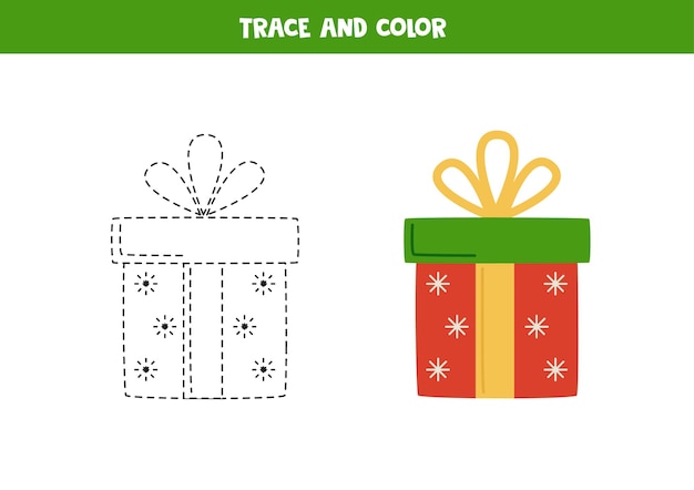 Trace and color cute Christmas present Worksheet for children