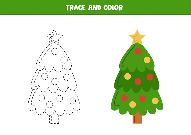 Trace and color cute Christmas tree Worksheet for children