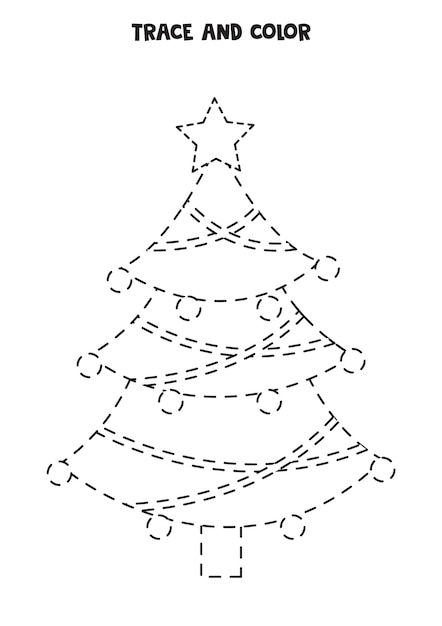 Trace and color cute Christmas tree. Worksheet for kids.