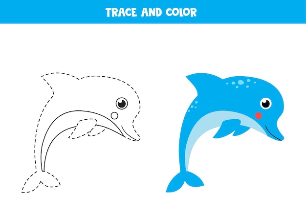 Trace and color cute dolphin. Educational game for kids. Writing and coloring practice.