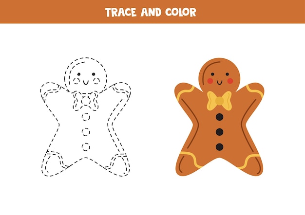 Trace and color cute gingerbread cookie Worksheet for children